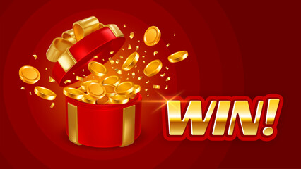Open red gift box with golden bow and gold coins explosion. Big win concept. Vector illustration