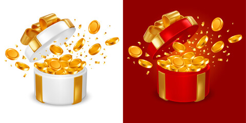 Open red and white 3d gift boxes set with golden bow and gold coins explosion. Isolated on white and red background. Big win concept. Vector illustration