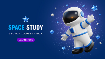 Astronaut in white blue space suit with helmet. Flies among the planets and stars on blue sky background. Space exploring concept. 3d realistic cartoon funny character. Vector illustration