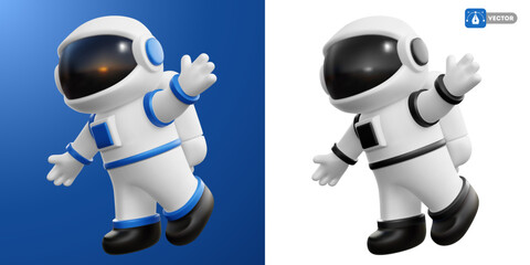 Astronaut in white blue and white black space suit with helmet. Shows a welcoming gesture with his hand. 3d realistic cartoon funny characters set. Vector illustration