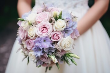 A delicate wedding bouquet of flowers is held by the bride close-up