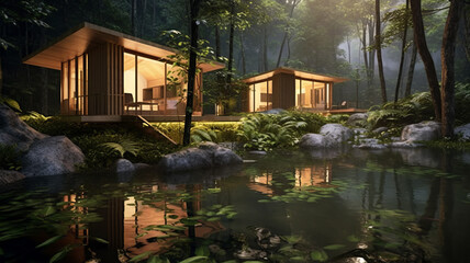 Obraz premium concept design for modern thai style cabins in the woods with small hot pools fed be a creek