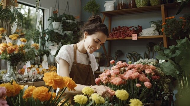  Cheerful flower arranger taking care of a plant in her shop