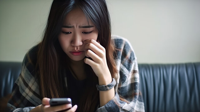 A Beautiful Young Asian Woman Looks Anxious While Talking On The Phone.