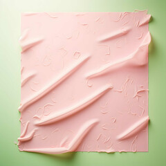 Square piece of pastel pink wet paper or fabric on mint green background, creative copy space