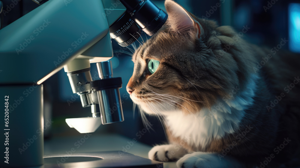 Aufkleber serious cat scientist in a lab with a microscope