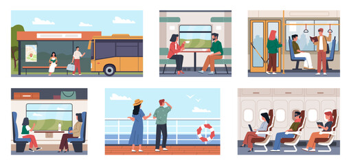 Passengers in different city transport. Ship, bus or train travelers, people commute long distance, sitting and standing. Urban transportation. Cartoon flat isolated nowaday vector set