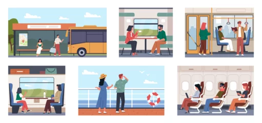 Foto op Canvas Passengers in different city transport. Ship, bus or train travelers, people commute long distance, sitting and standing. Urban transportation. Cartoon flat isolated nowaday vector set © YummyBuum