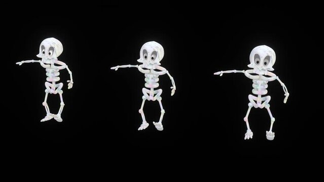 Halloween skeletons dancing funky and funny, spooky  as 3d modeling seamless looping animation on the deep black background.. 