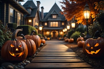 Fototapeta premium close up of driveway, halloween town, pumpkins in the garden, warm autumn dusk, earthtones and hues, matte painting&nbsp;style,&nbsp;liminal Generative AI