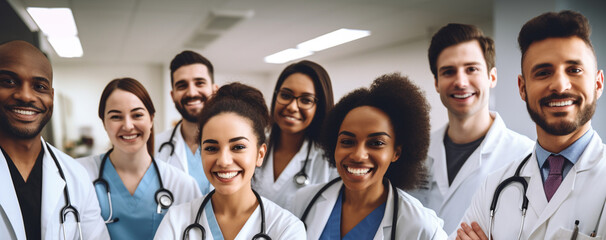 Portrait of doctors and nurses smiling in a hospital - obrazy, fototapety, plakaty