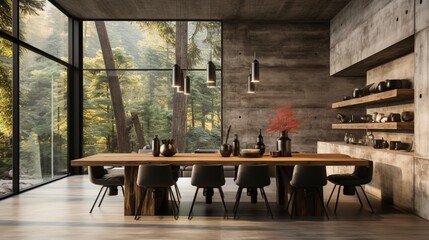 Fototapeta na wymiar Interior design of a modern dining room with a concrete wall and window curtain