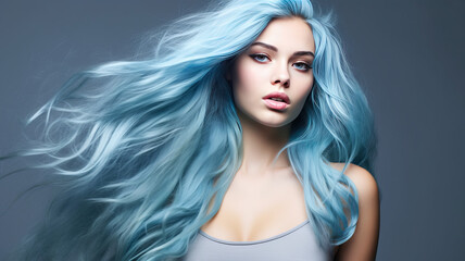 Naklejka premium Lively blue hair on a gray background