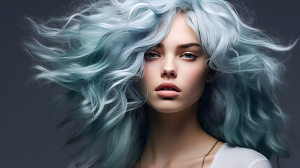 Fototapeta premium Lively blue hair on a gray background