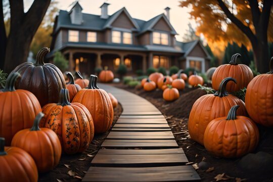close up of driveway, halloween town, pumpkins in the garden, warm autumn dusk, earthtones and hues, matte painting style, liminal Generative AI
