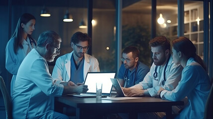 Medical, meeting and laptop for team in office in discussion, brainstorming and planning.