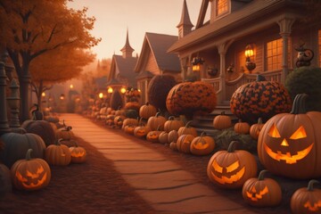 Naklejka na ściany i meble close up of driveway, halloween town, pumpkins in the garden, warm autumn dusk, earthtones and hues, matte painting style, liminal Generative AI