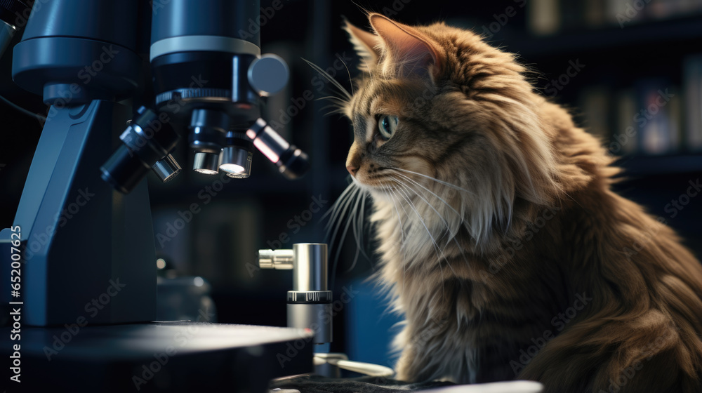 Poster serious cat scientist in a lab with a microscope