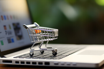 Shopping cart standing in front of laptop. Online shopping concept. Ecommerce concept