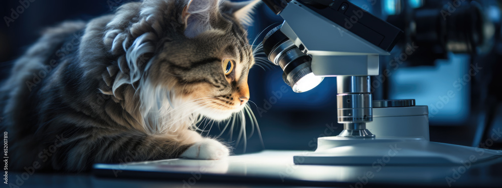 Poster serious cat scientist in a lab with a microscope