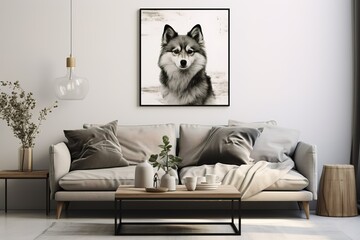 Contemporary Elegance Modern Stylish and scandinavian living room interior of modern apartment with gray sofa, design wooden commode, black table, lamp, dog paintings on the wall. Home decor
