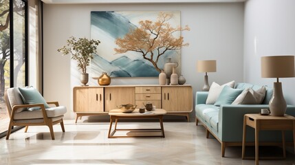 Interior design of a modern living room with blue armchairs, a beige sideboard over a white stucco wall, and contemporary dresser and coffee tables