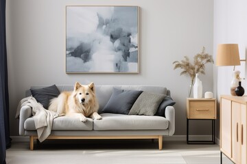 Contemporary Elegance Modern Stylish and scandinavian living room interior of modern apartment with gray sofa, design wooden commode, black table, lamp, abstract paintings on the wall. Dog on couch.