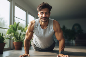exercise and healthy lifestyle concepts - Indian man doing abdominal exercises at home - obrazy, fototapety, plakaty