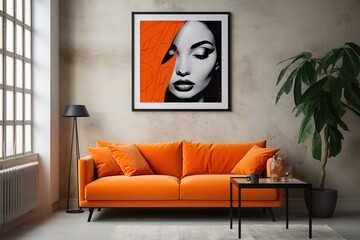 Contemporary Elegance Modern Vivid orange sofa and art poster on stucco wall. Interior design of modern loft living room
