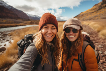 Two female friends taking selfies by a river during a hike along the mountain.