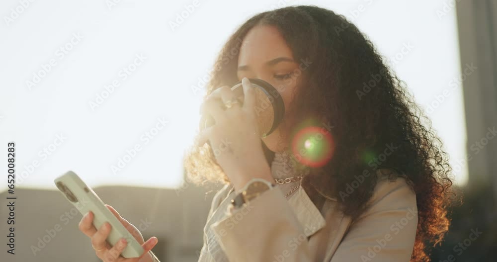 Poster Woman, phone and coffee break in city with outdoor networking, reading news or social media in lens flare. African worker on mobile and drink latte or espresso for morning energy and business travel