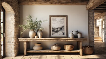Fototapeta na wymiar Interior design of a modern rustic entrance hall with a spacious hallway featuring a beam ceiling and a wooden console table in a farmhouse setting