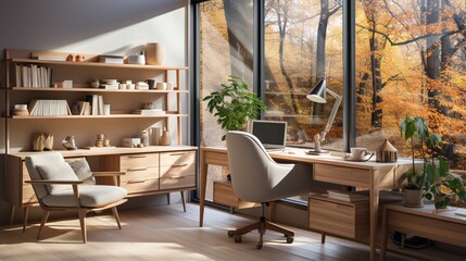 Interior design of a modern scandinavian home office with a cozy home workplace featuring a wooden drawer writing desk and fabric chair