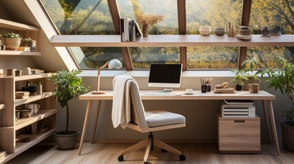 Interior design of a modern scandinavian home office with a cozy home workplace featuring a wooden drawer writing desk and fabric chair - obrazy, fototapety, plakaty