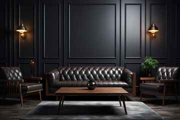 Black leather tufted sofa near dark paneling wall. Interior design of modern living room