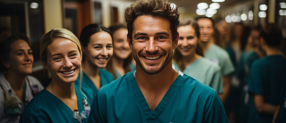 portrait caucasian doctor man with blured team nurses and assistants behind in depth of field - obrazy, fototapety, plakaty