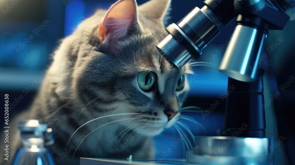 Poster serious cat scientist in a lab with a microscope