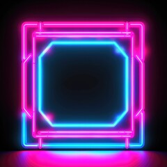 Neon frame with cyan and pink color in black room.