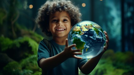 Child holds an illuminated globe and smiles with hope and innocence - obrazy, fototapety, plakaty