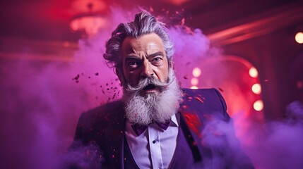 Elegant conservative man in suit and beard surprised by pink explosion - obrazy, fototapety, plakaty