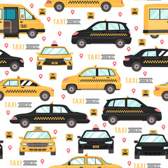 Seamless pattern with taxi cars. City transport. Yellow and black auto. Decor textile, wrapping paper, wallpaper design. Print for fabric. Cartoon flat style isolated vector concept
