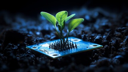 plant grows in microprocessor surronded by soil - obrazy, fototapety, plakaty