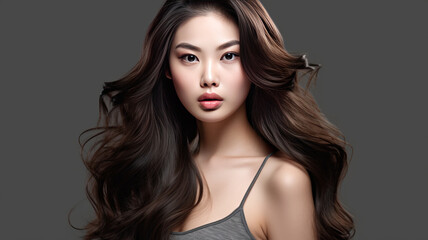 Naklejka premium Portrait of a beautiful brunette asian woman with long wavy hair.