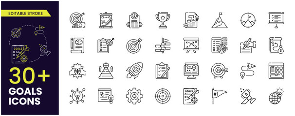 Goal plan editable stroke icons Collections. Strategy, tasks, goals, action, planning, target, plan, collaboration, and analysis, Vector Icons collections