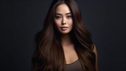 Portrait of a beautiful brunette asian woman with long wavy hair.