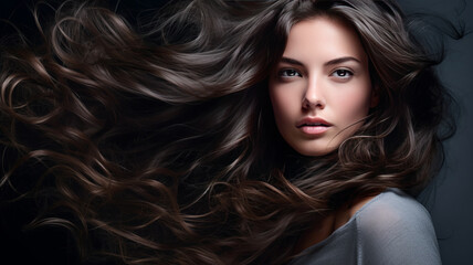 Naklejka premium Portrait of a beautiful brunette woman with long wavy hair