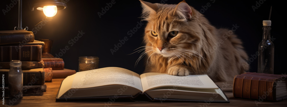 Poster Serious cat in the form of an accountant or librarian sitting at a desk with an open book