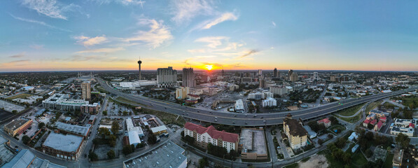 Downtown San Antonio at Sunset: 180 Degree Aerial Panorama