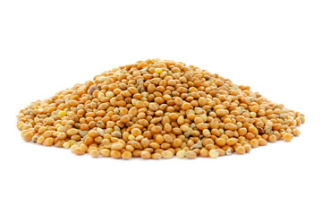 Fototapeta premium Yellow millet grains isolated on a white background, close-up. Heap of millet seeds isolated on white background. Pile of millet grains isolated on white background, close-up.