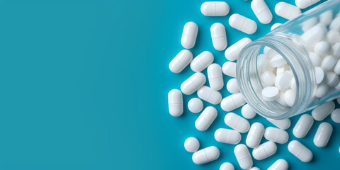 White pills from plastic medicine bottle on blue background.